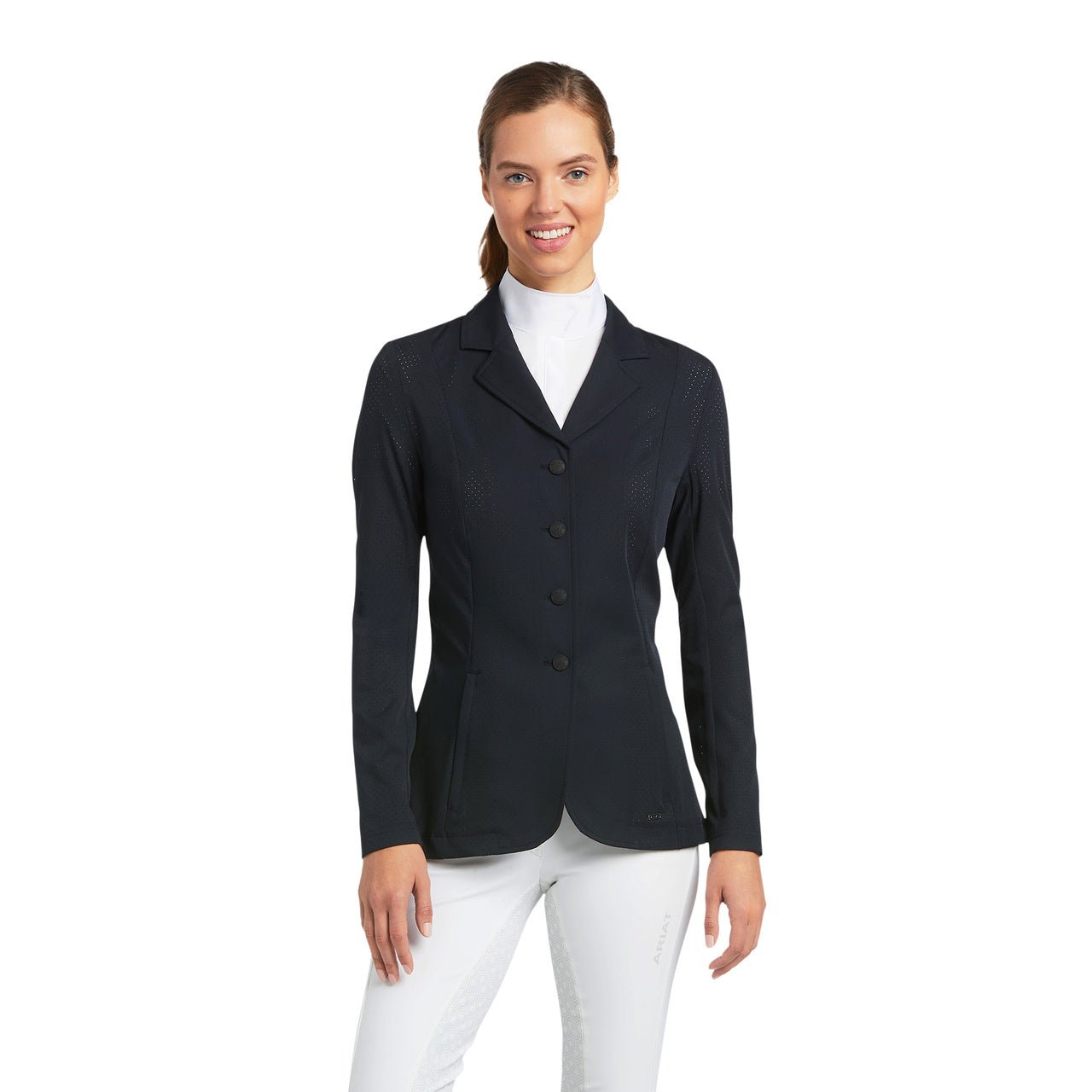 Woman wearing a black riding jacket on a white background