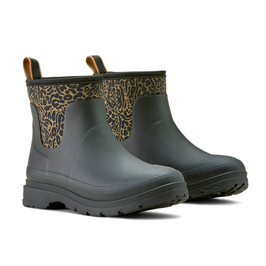 Pair of green rubber boots with leopard print accents 