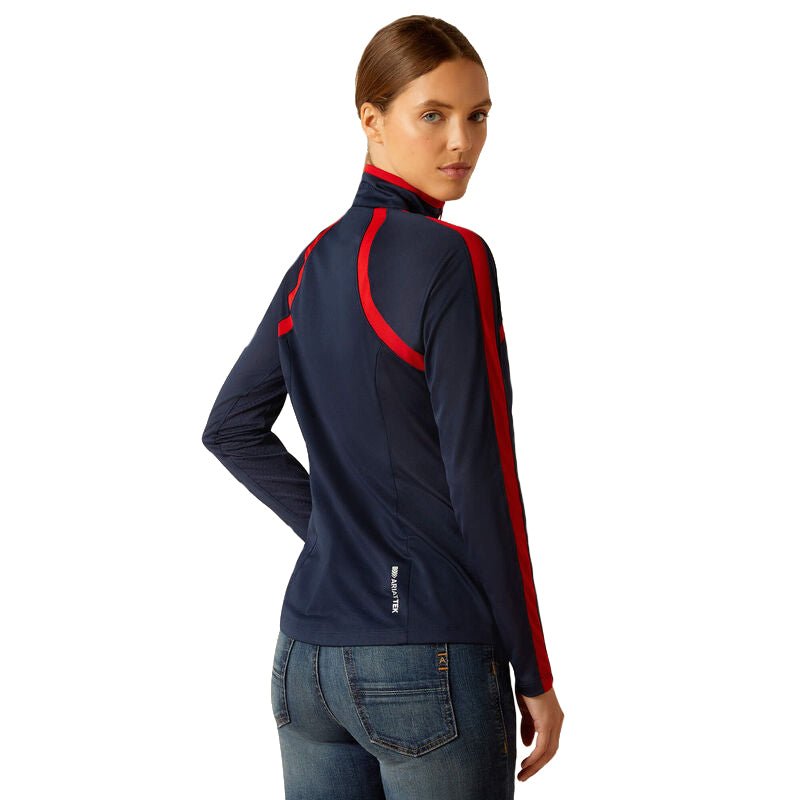 blue long sleeve sunshirt with red accents