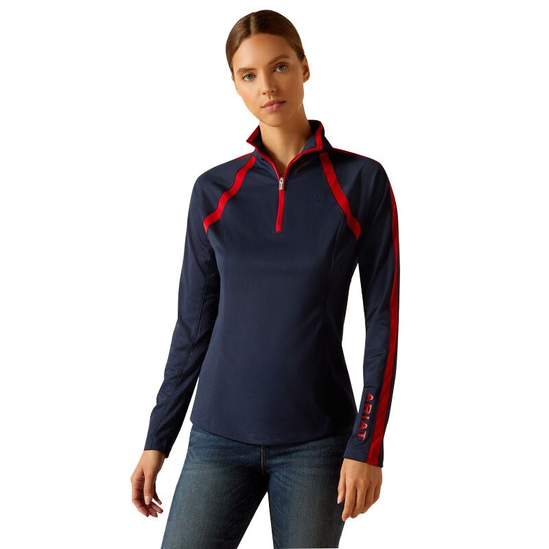 blue long sleeve sunshirt with red accents