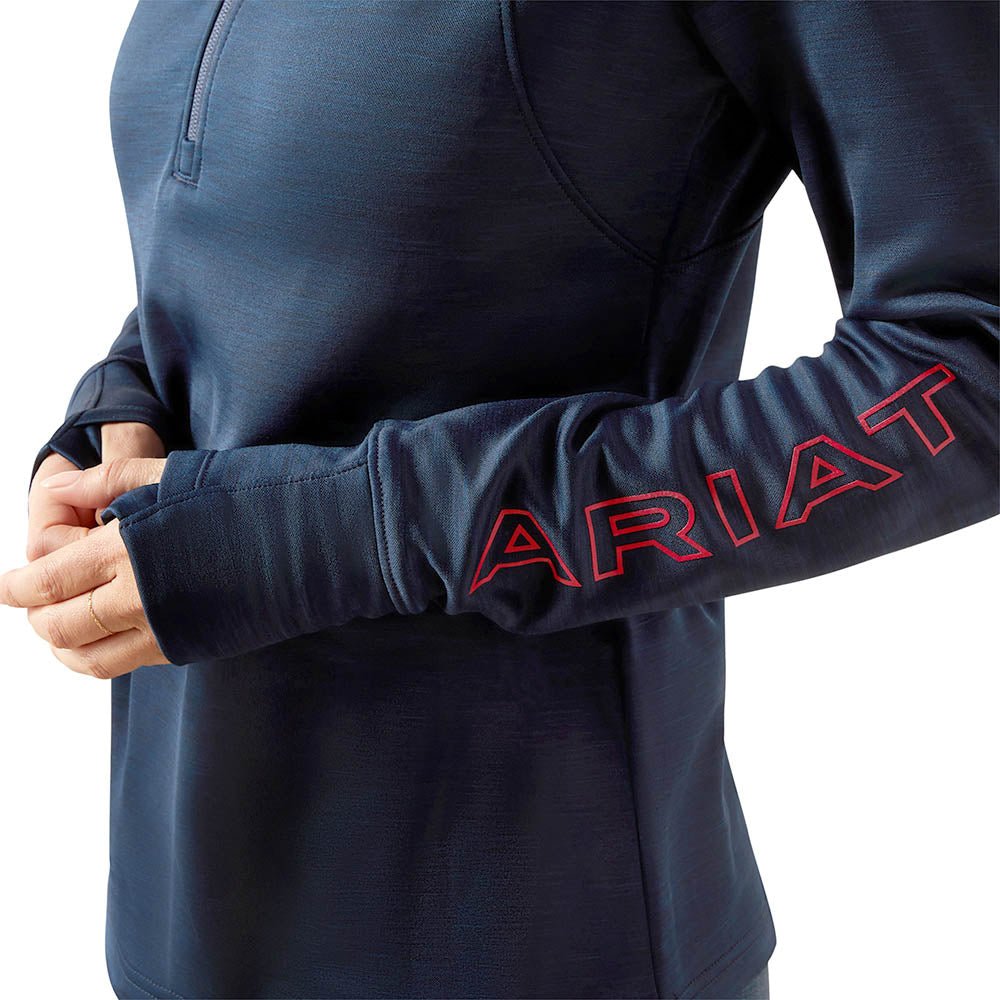 blue long sleeve pullover with red trim