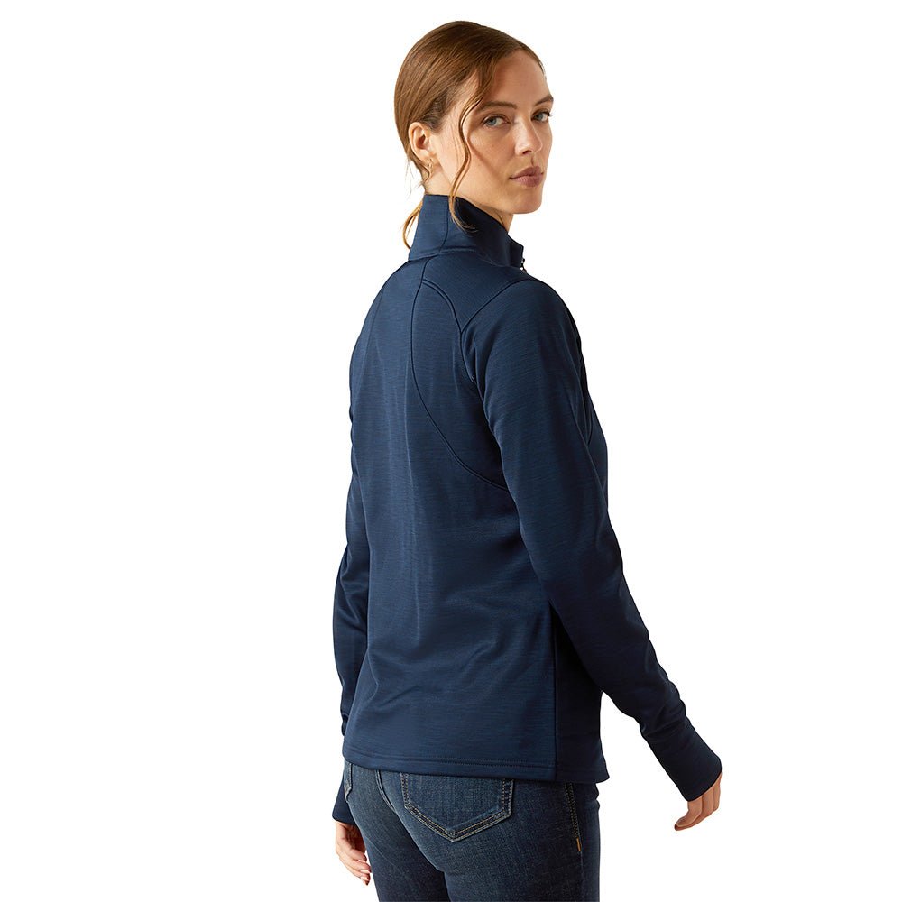 blue long sleeve pullover with red trim