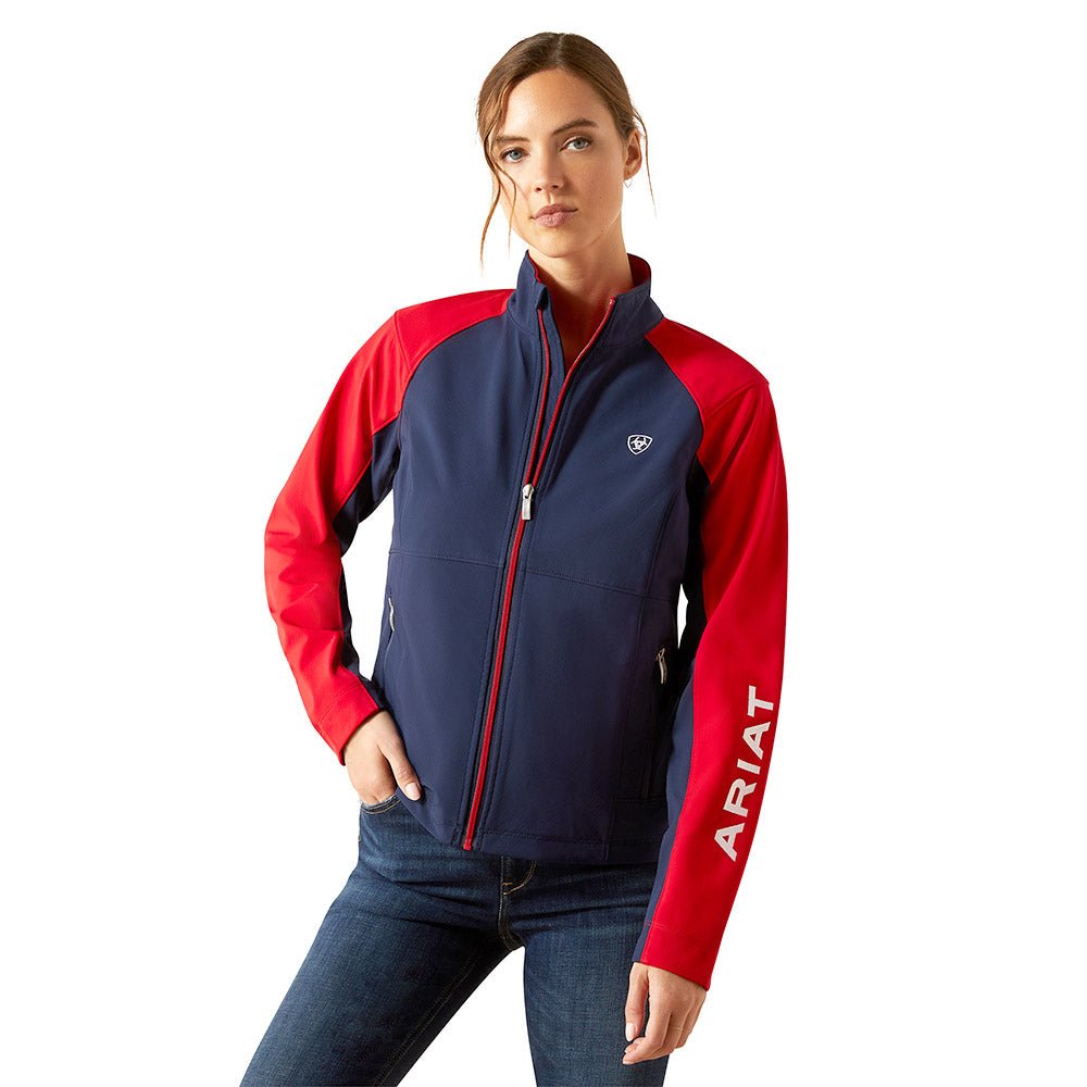red and navy softshell riding jacket