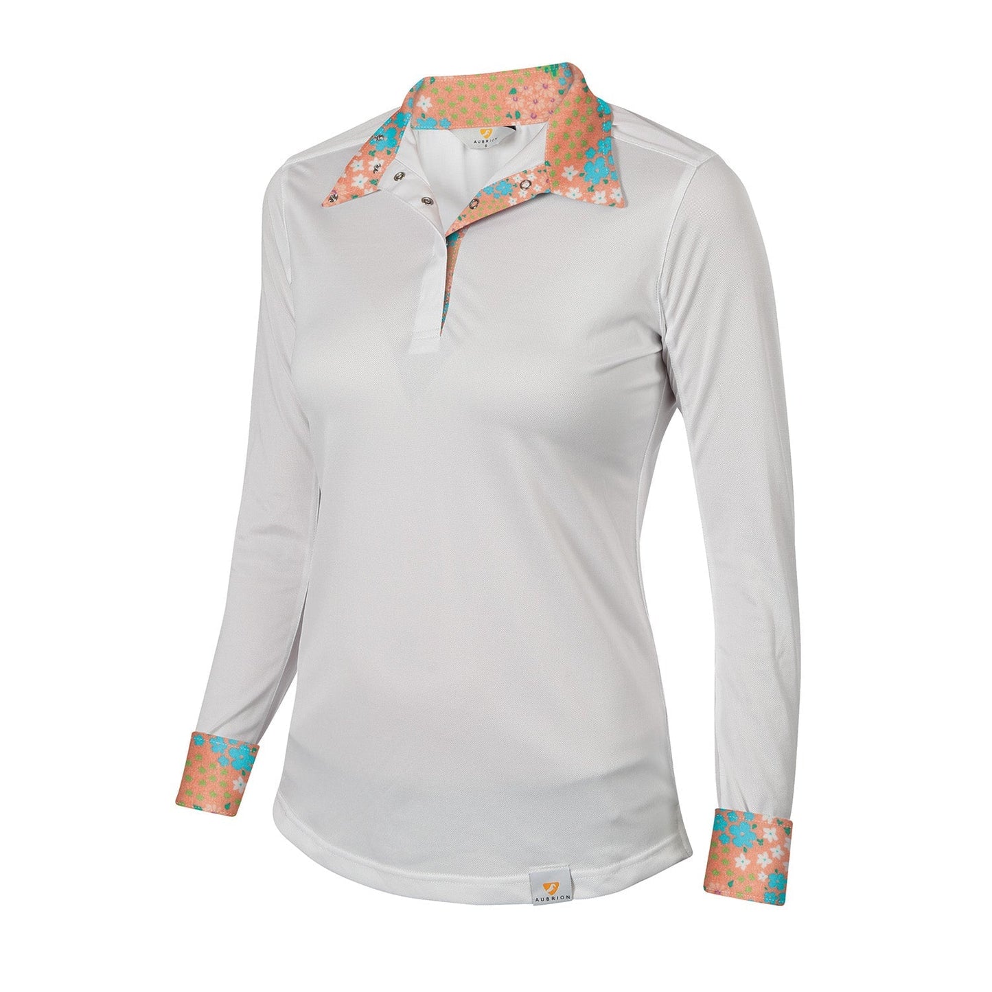 White long-sleeve shirt with floral collar and cuffs 