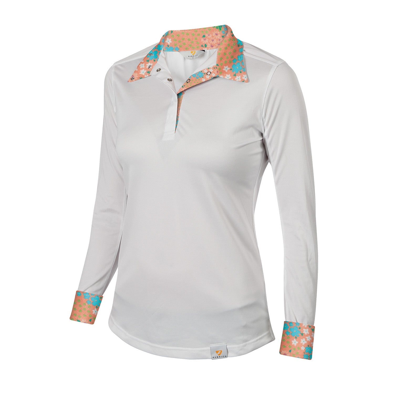 White long-sleeve shirt with floral collar and cuffs 