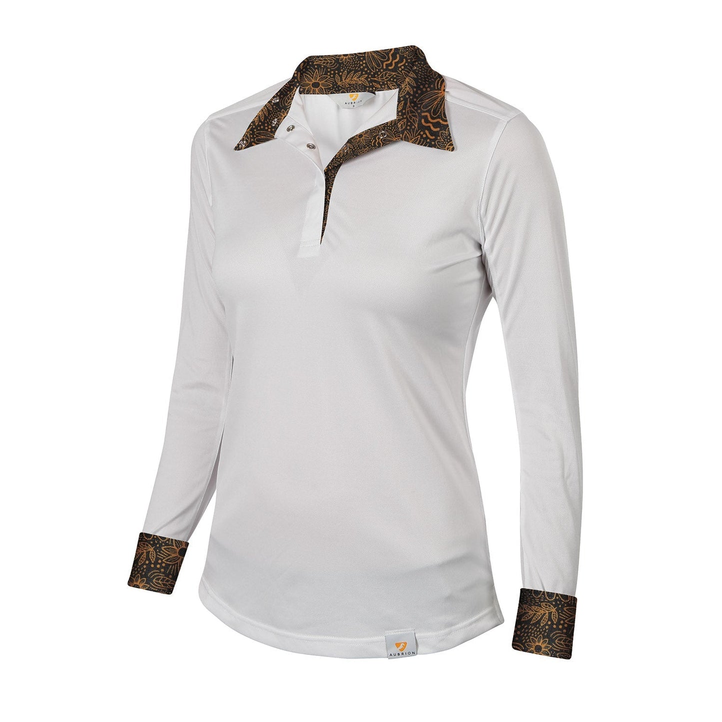White long-sleeve shirt with patterned collar and cuffs 
