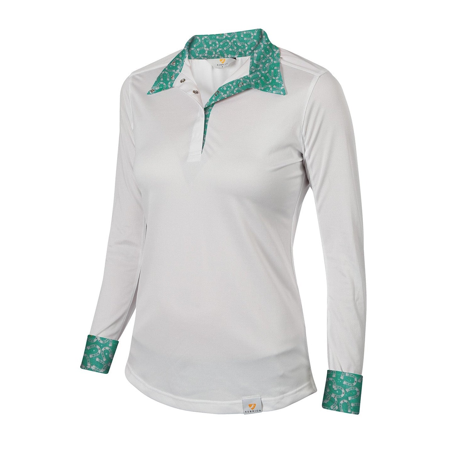 White long-sleeve shirt with green patterned collar and cuffs 