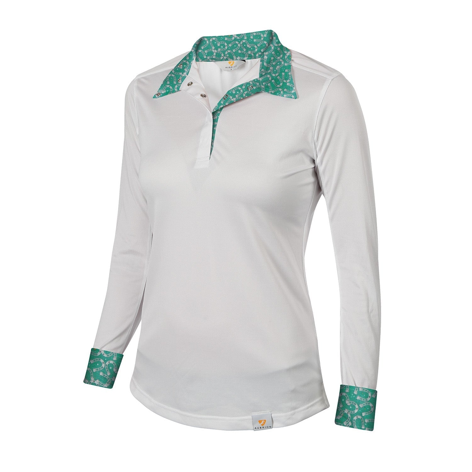 White long-sleeve shirt with green patterned collar and cuffs 