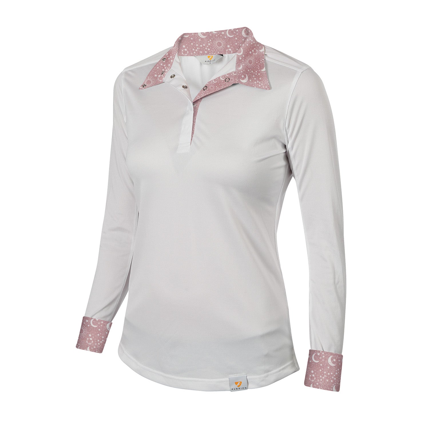 White long-sleeve shirt with pink patterned collar and cuffs