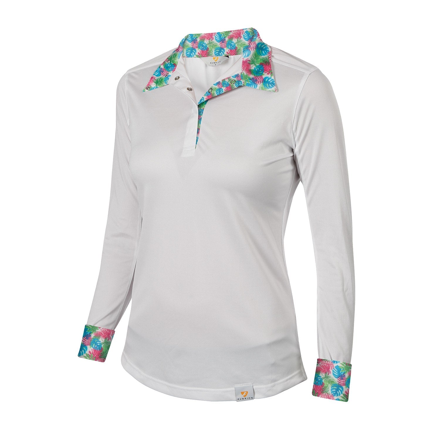 White long-sleeve shirt with colorful floral collar and cuffs 