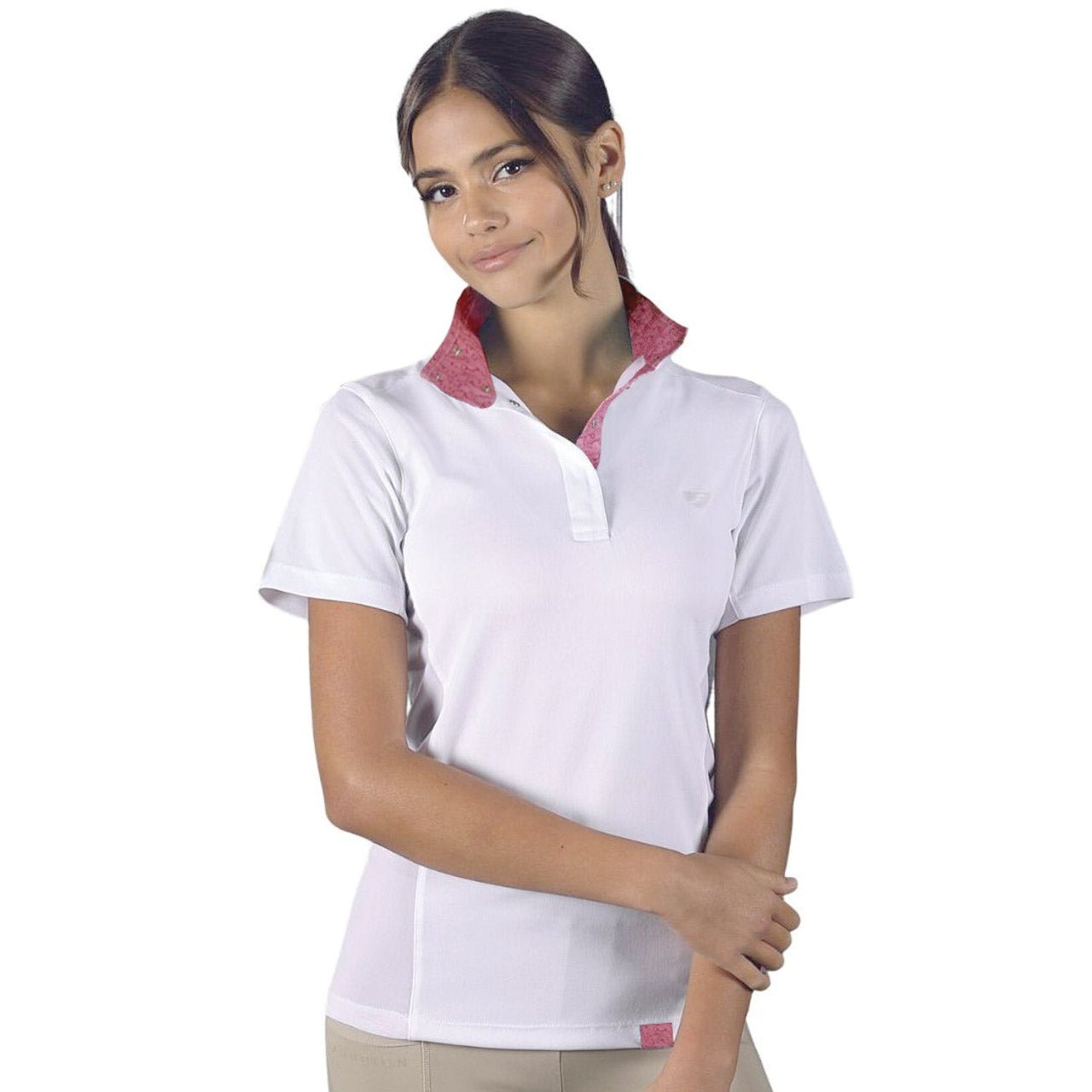 white equestrian shirt with red collar