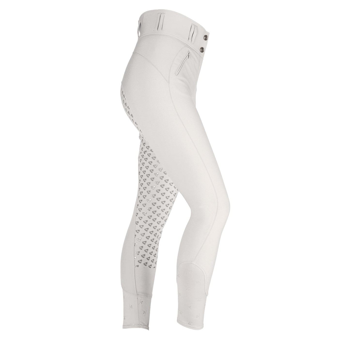 White riding pants with patterned panels on a white background