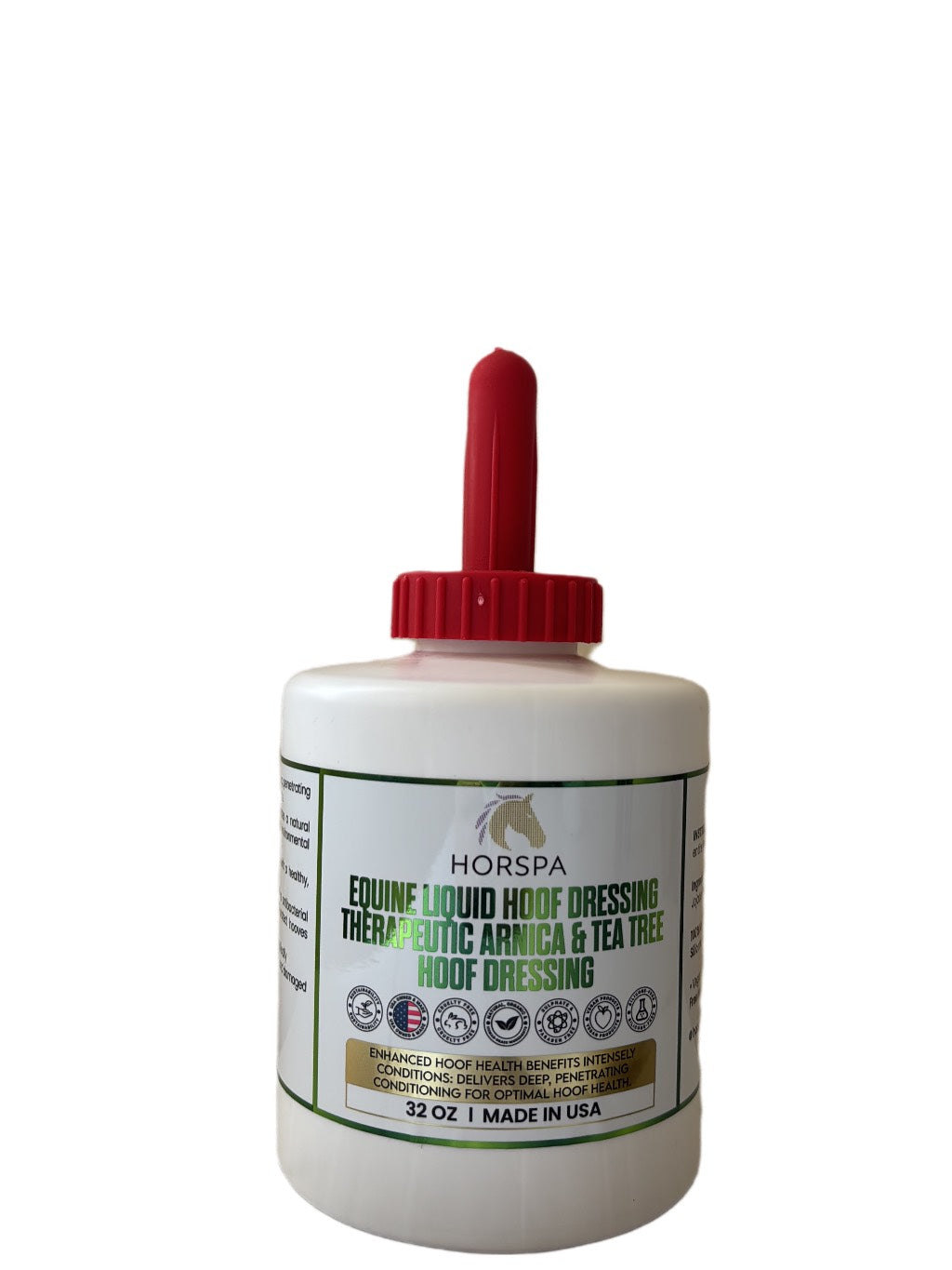 White bottle of HORSPA Equine Liquid Hoof Dressing with a red cap on a white background