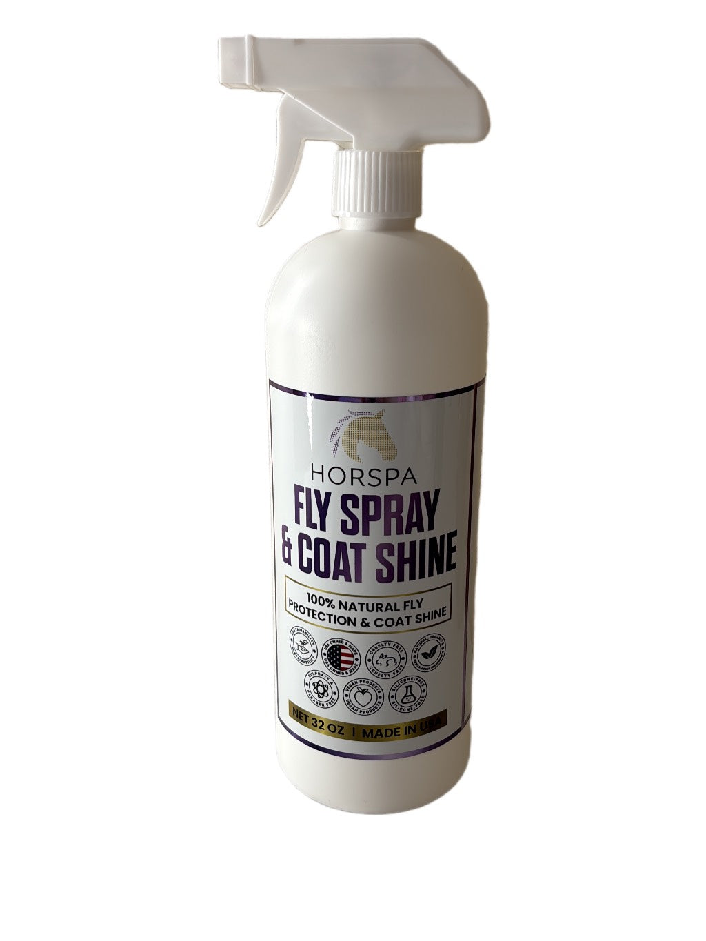 White spray bottle labeled 'Horspa Fly Spray & Coat Shine' on a white background