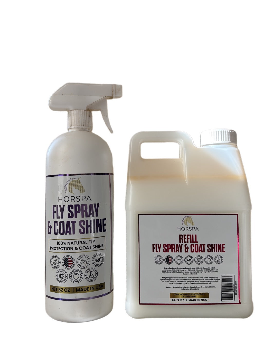 Horspa Fly Spray & Coat Shine bottles on a white background