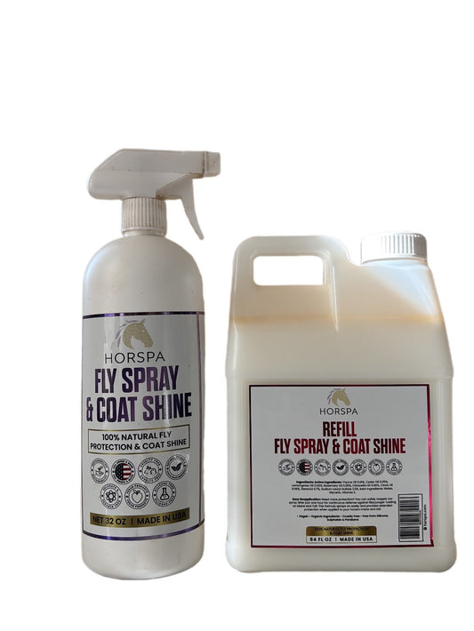 Horspa Fly Spray & Coat Shine bottles on a white background