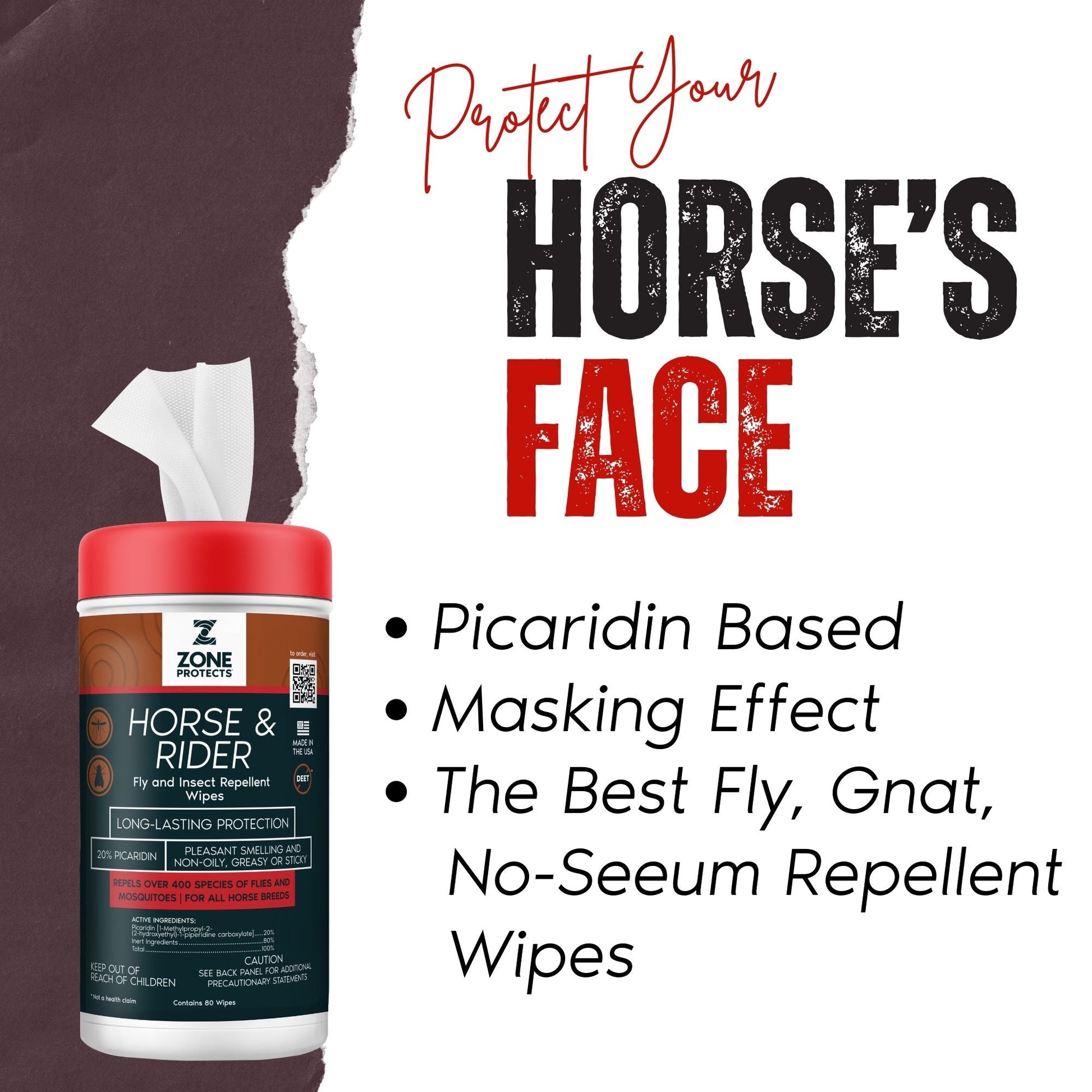 Horse face protection product with text highlighting features on a white background