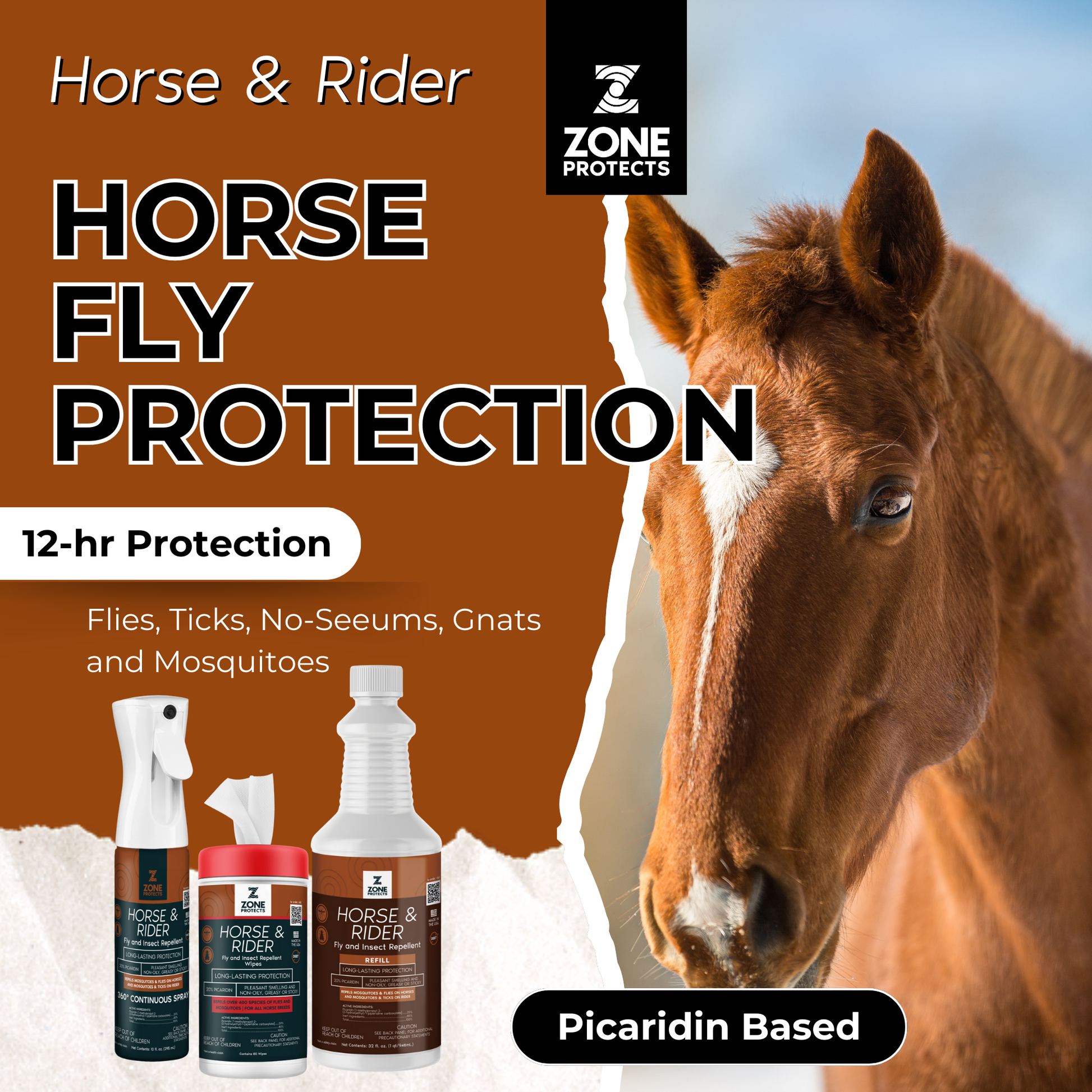 Horse fly protection product with a horse and Zone Protects branding.