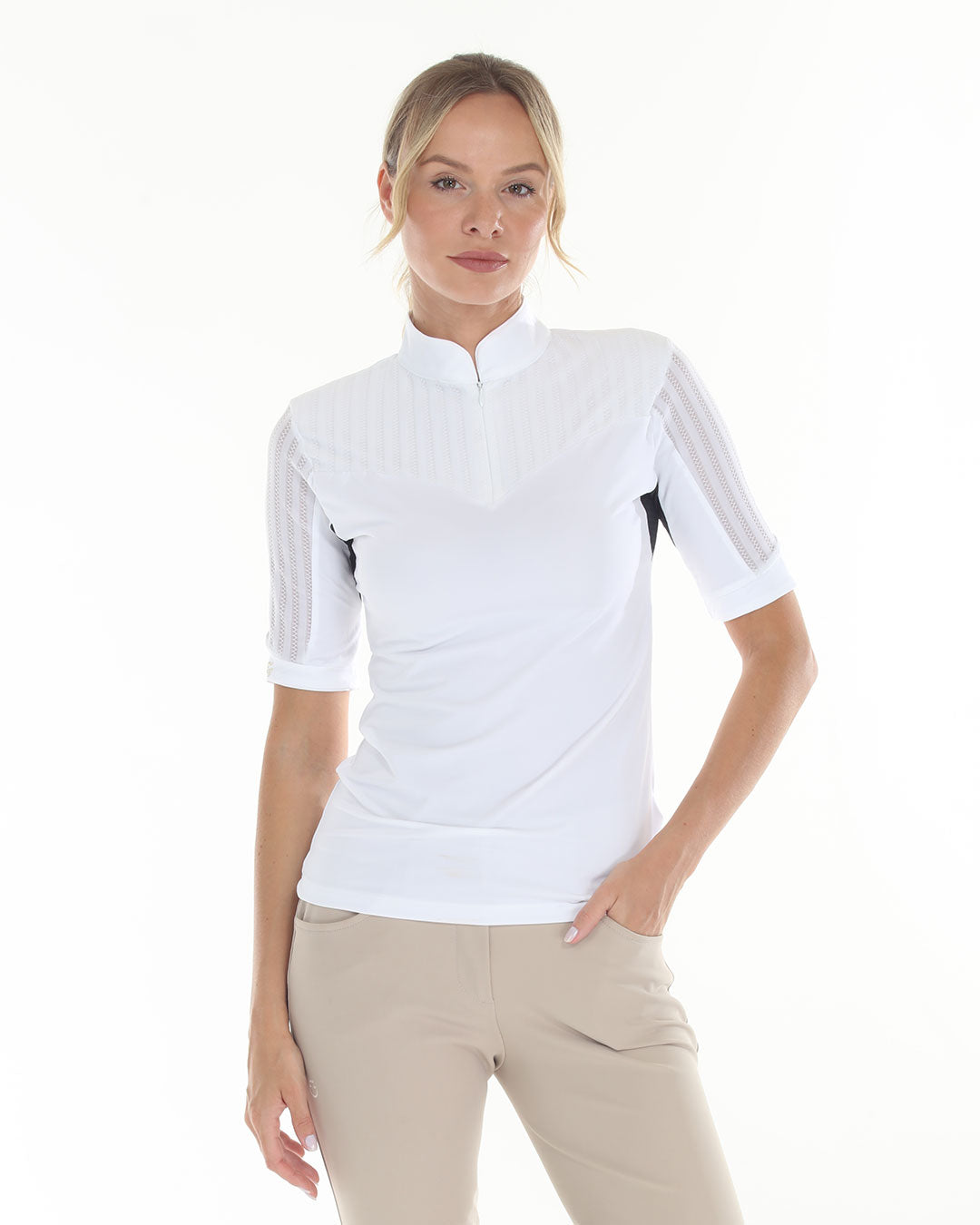 white short sleeve riding top