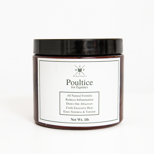Jar of poultice for equines with a label on a white background