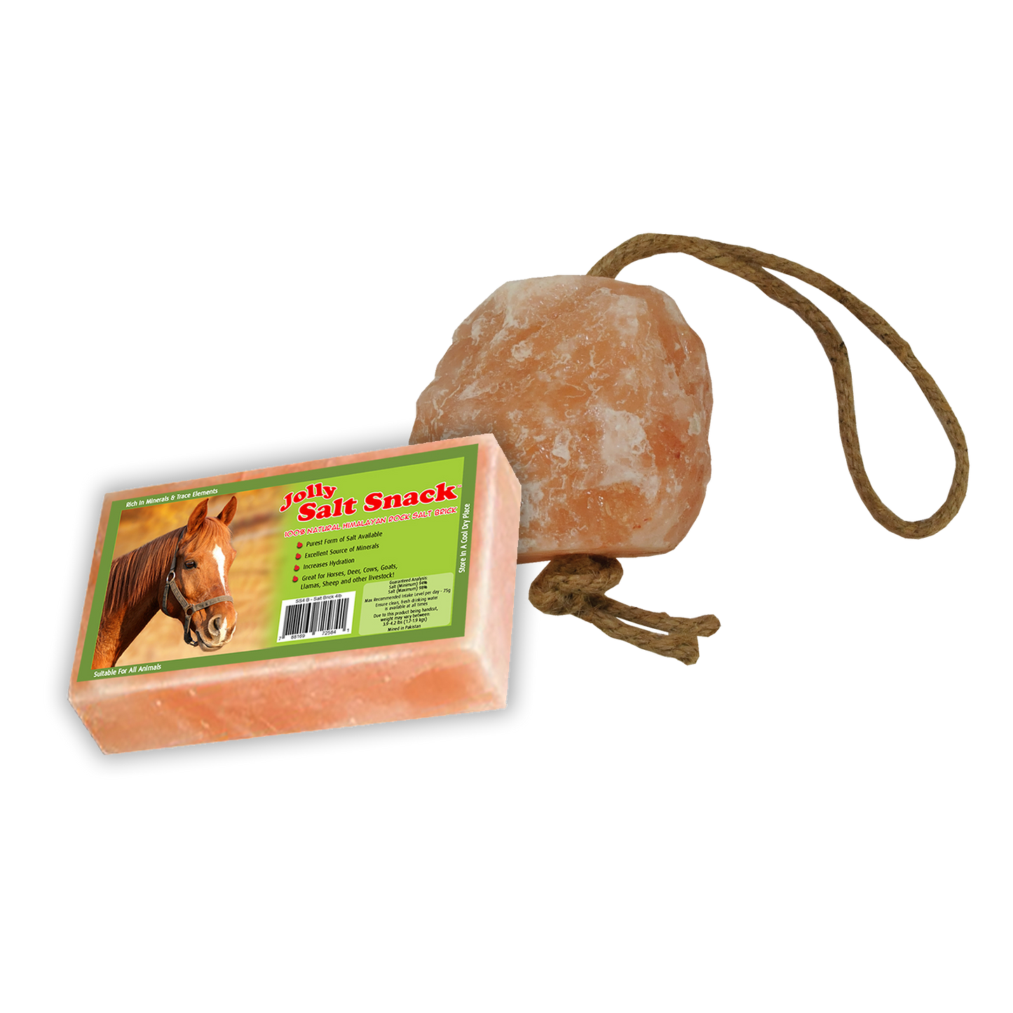 Himalayan salt block with a rope and packaging featuring a horse on a white background