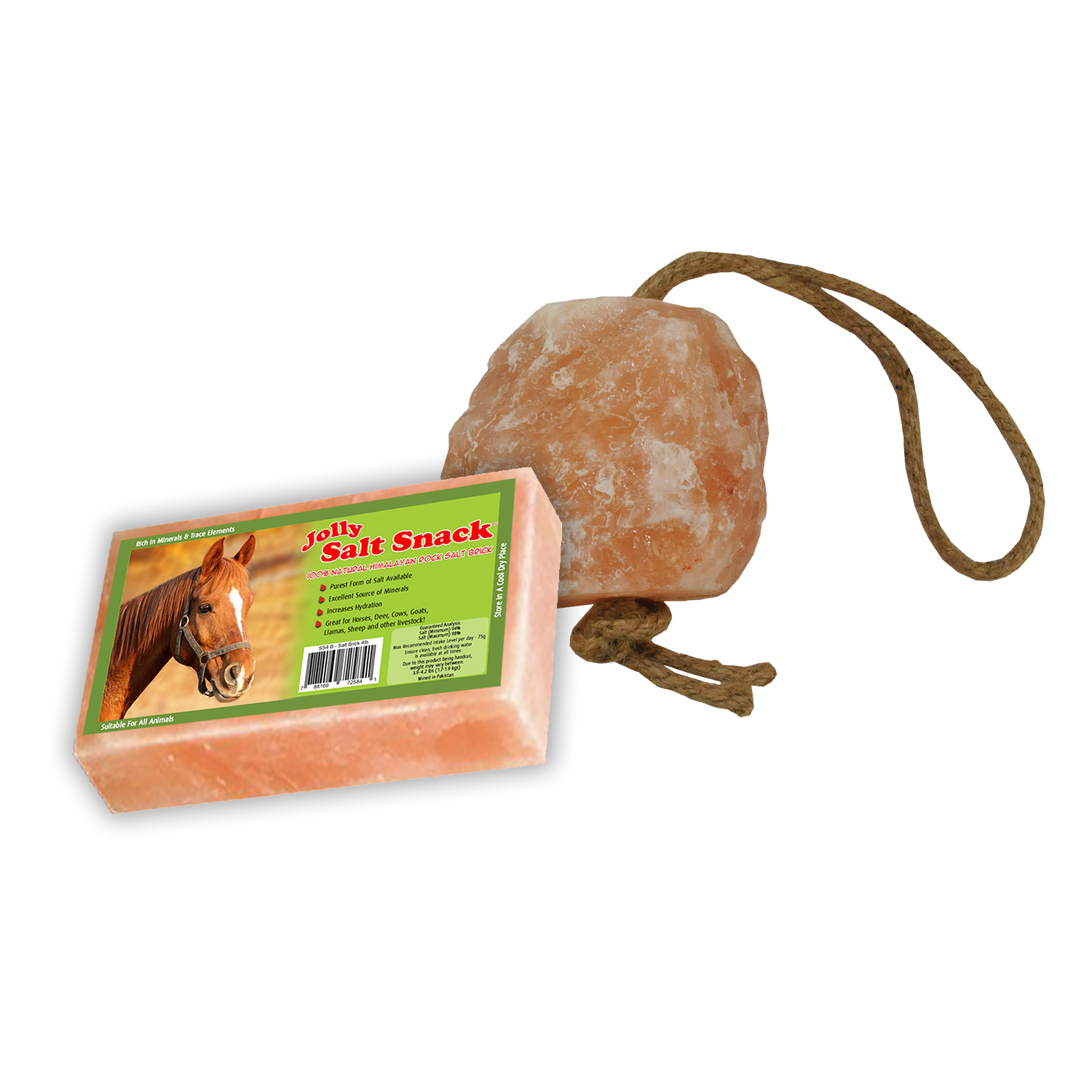 Himalayan salt block with a rope and packaging featuring a horse on a white background