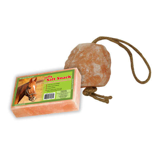 Himalayan salt block with a rope and packaging featuring a horse on a white background