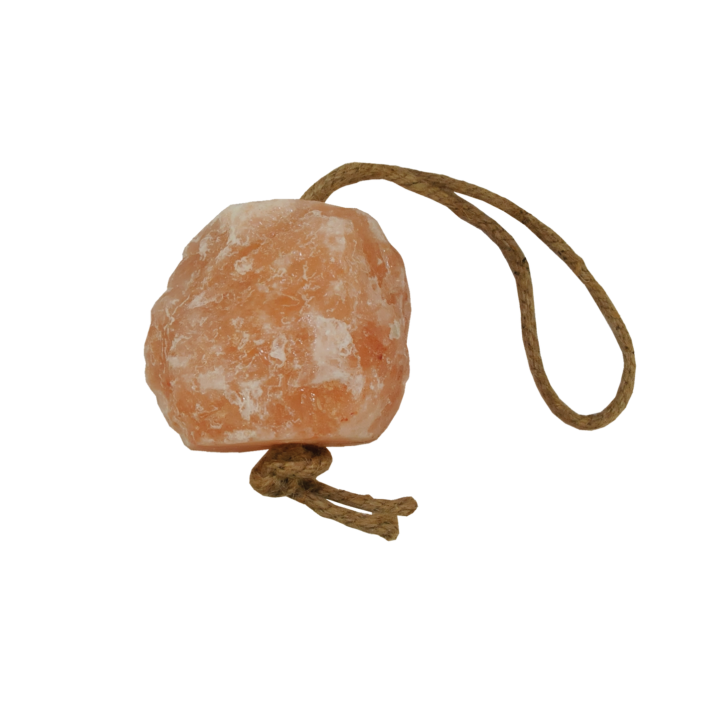 Pink salt crystal with a rope on a white background