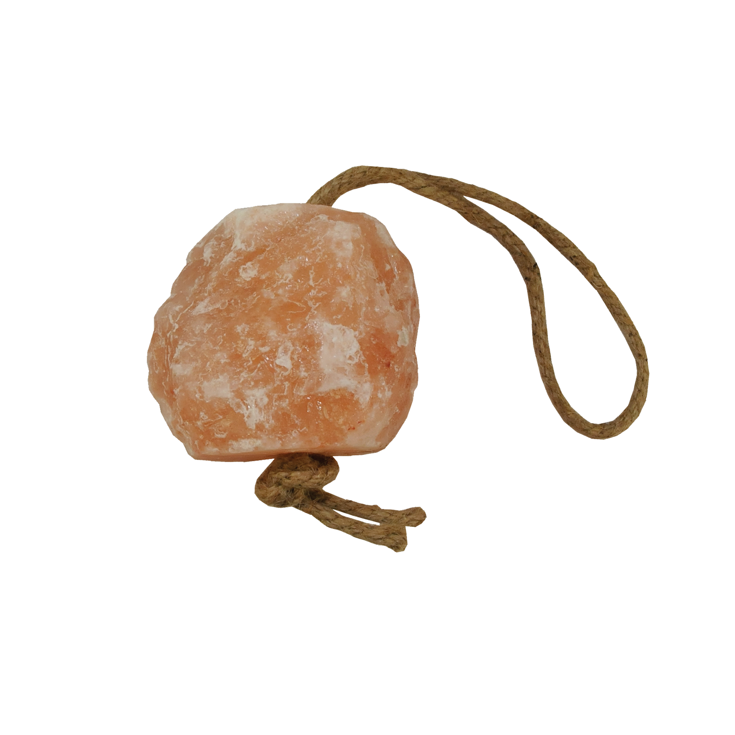Pink salt crystal with a rope on a white background