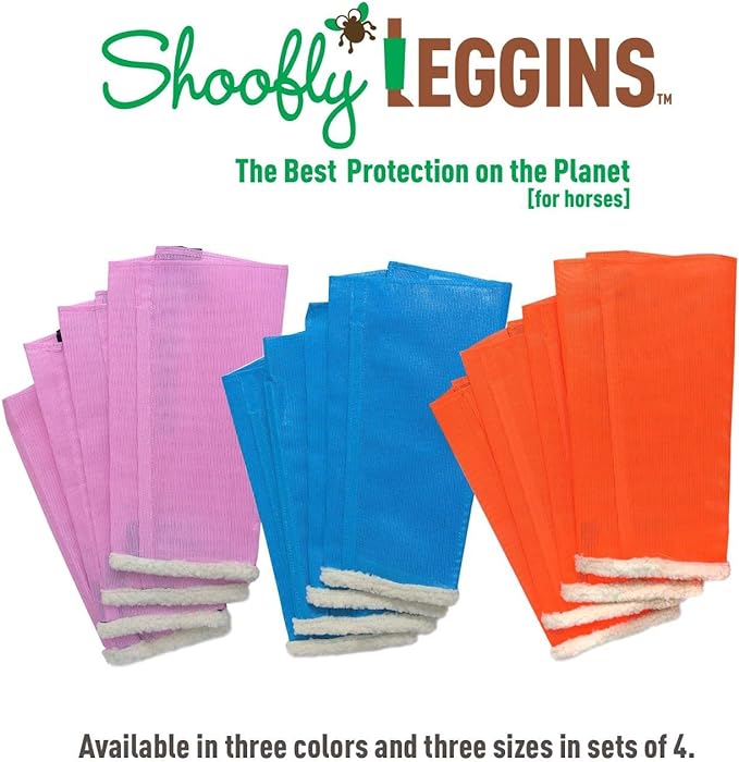 Shoofly Leggins in pink, blue, and orange on a white background with brand name and tagline.