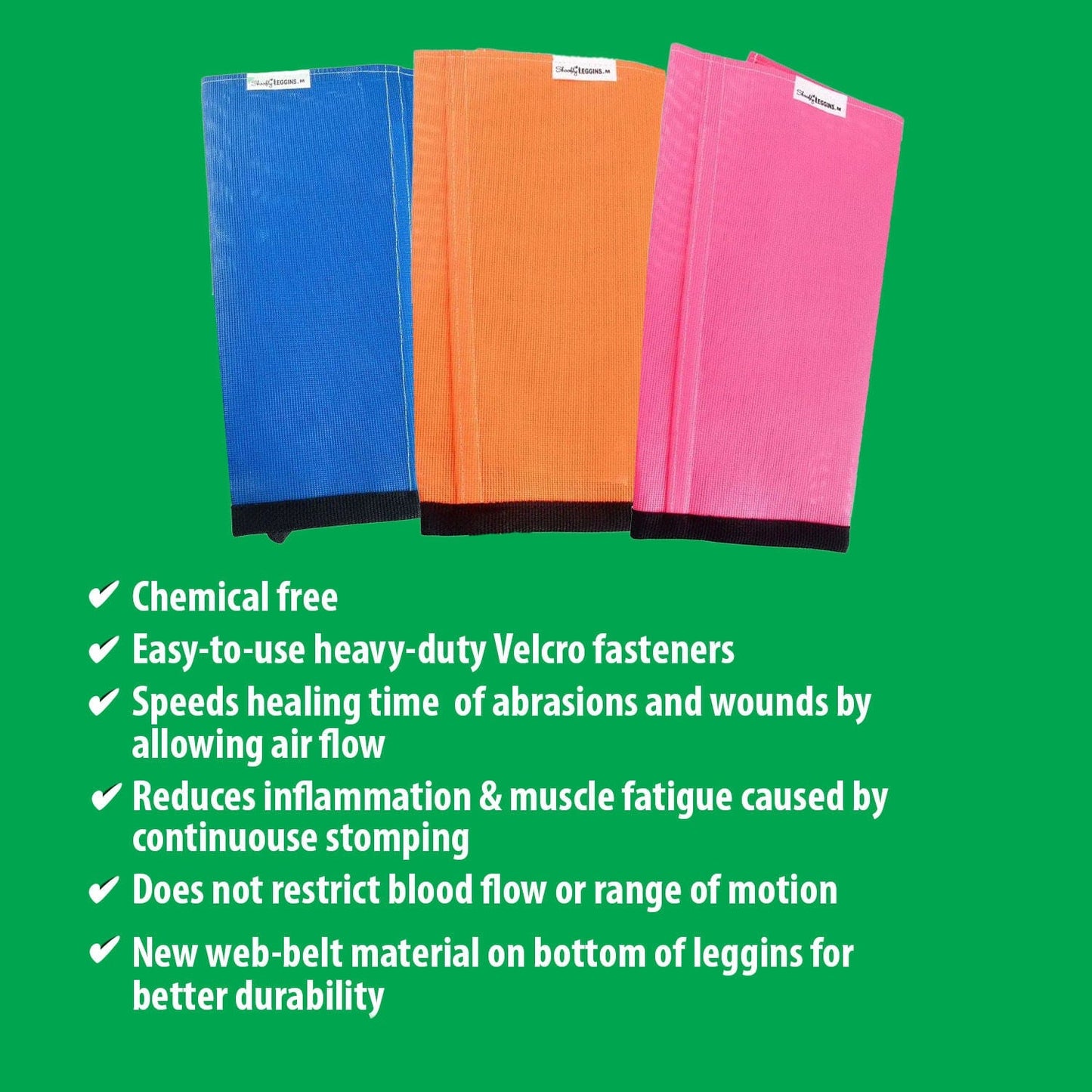 Three pairs of leggins in blue, orange, and pink on a green background with product features listed.