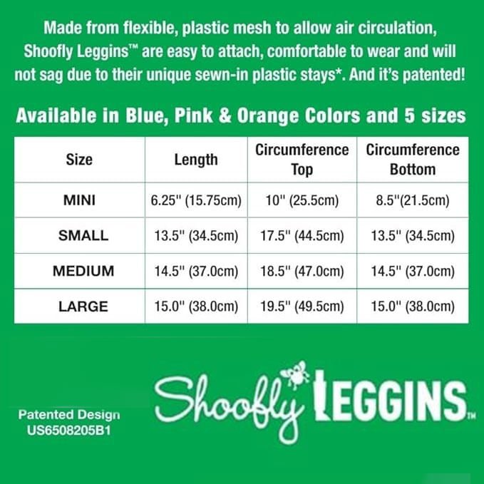 Shoofly Leggins size chart with product details on a green background
