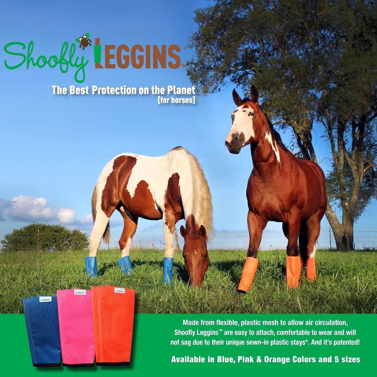 Horses wearing Shoofly Leggins in a grassy field with product packaging displayed.